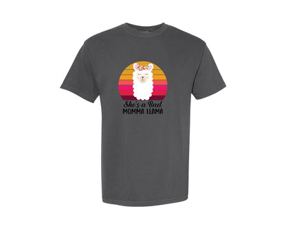 brand:Comfort Colors|color:Pepper|Shes A Bad Momma Llama Retro T Shirt Graphic T-Shirt