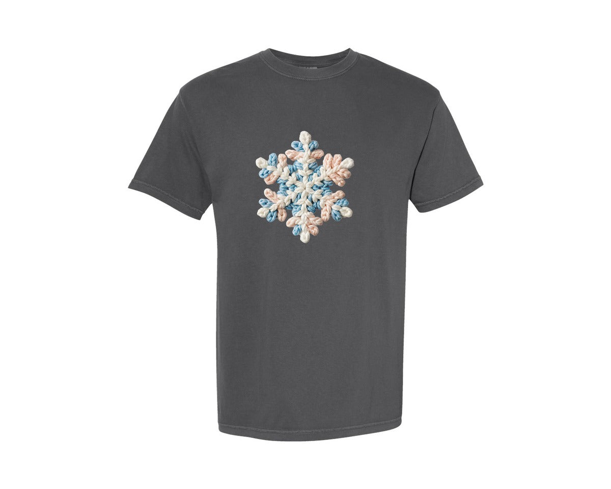 brand:Comfort Colors|color:Pepper|Crochet Snowflake Faux Yarn Christmas 2 Graphic T-Shirt