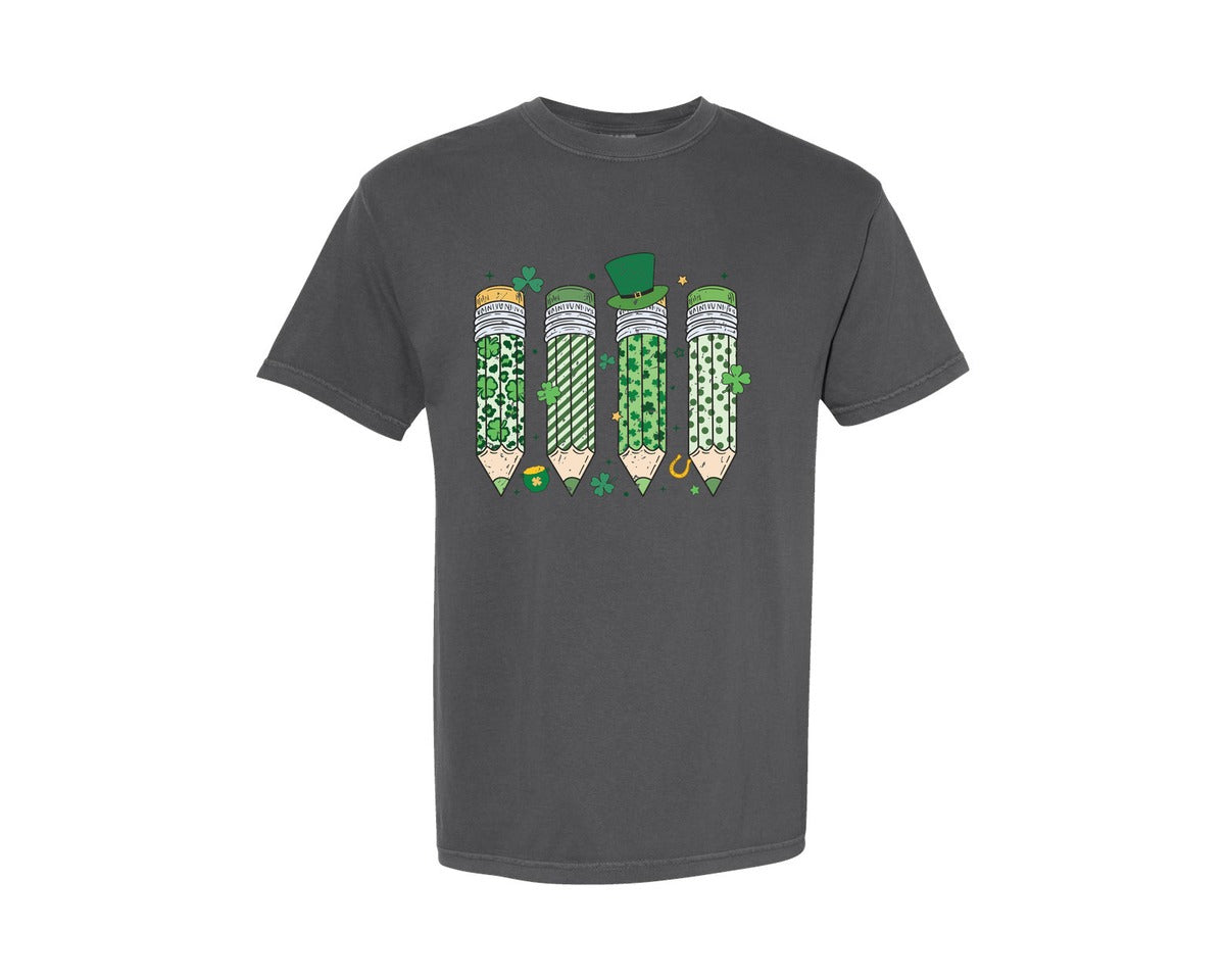 brand:Comfort Colors|color:Pepper|St Patricks Day Teacher Pencil Lucky Graphic T-Shirt