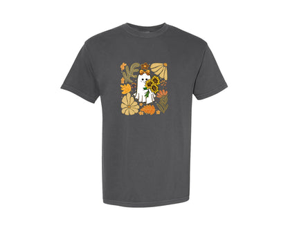 brand:Comfort Colors|color:Pepper|Boho Floral Ghost Fall Ghost Graphic T-Shirt