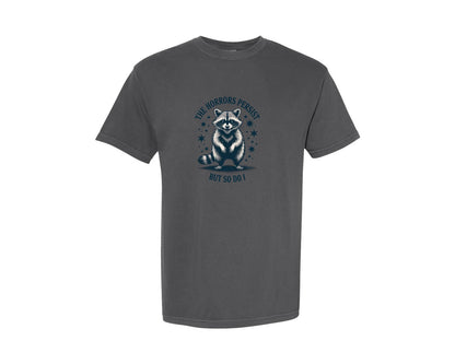 brand:Comfort Colors|color:Pepper|The Horrors Persist Raccoon T Shirt Graphic T-Shirt