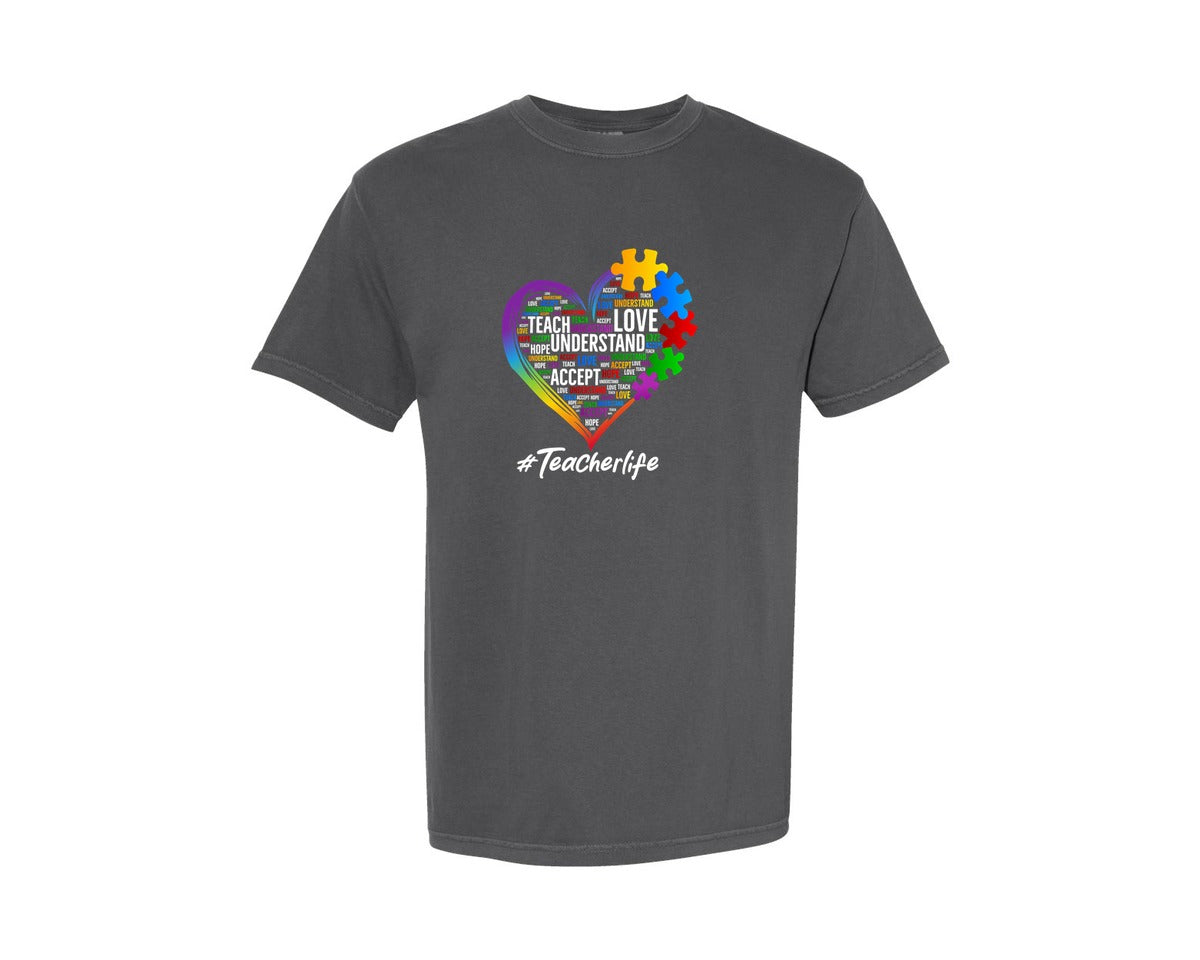 brand:Comfort Colors|color:Pepper|Autism Awareness Heart Teacher Life Graphic T-Shirt