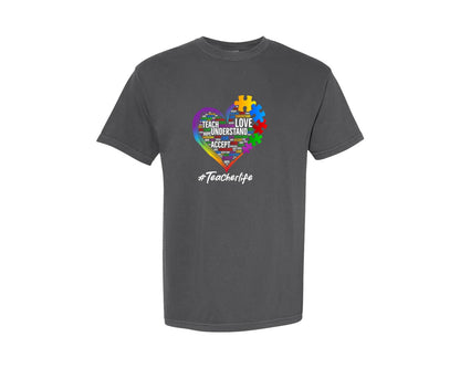 brand:Comfort Colors|color:Pepper|Autism Awareness Heart Teacher Life Graphic T-Shirt