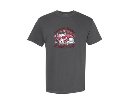 brand:Comfort Colors|color:Pepper|Funny Lazy Cat Anti Valentines Day Graphic T-Shirt