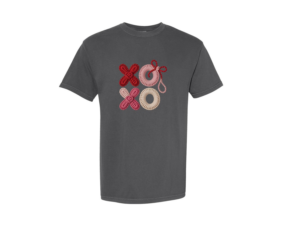 brand:Comfort Colors|color:Pepper|Valentine Xoxo Faux Crochet T Shirt Graphic T-Shirt
