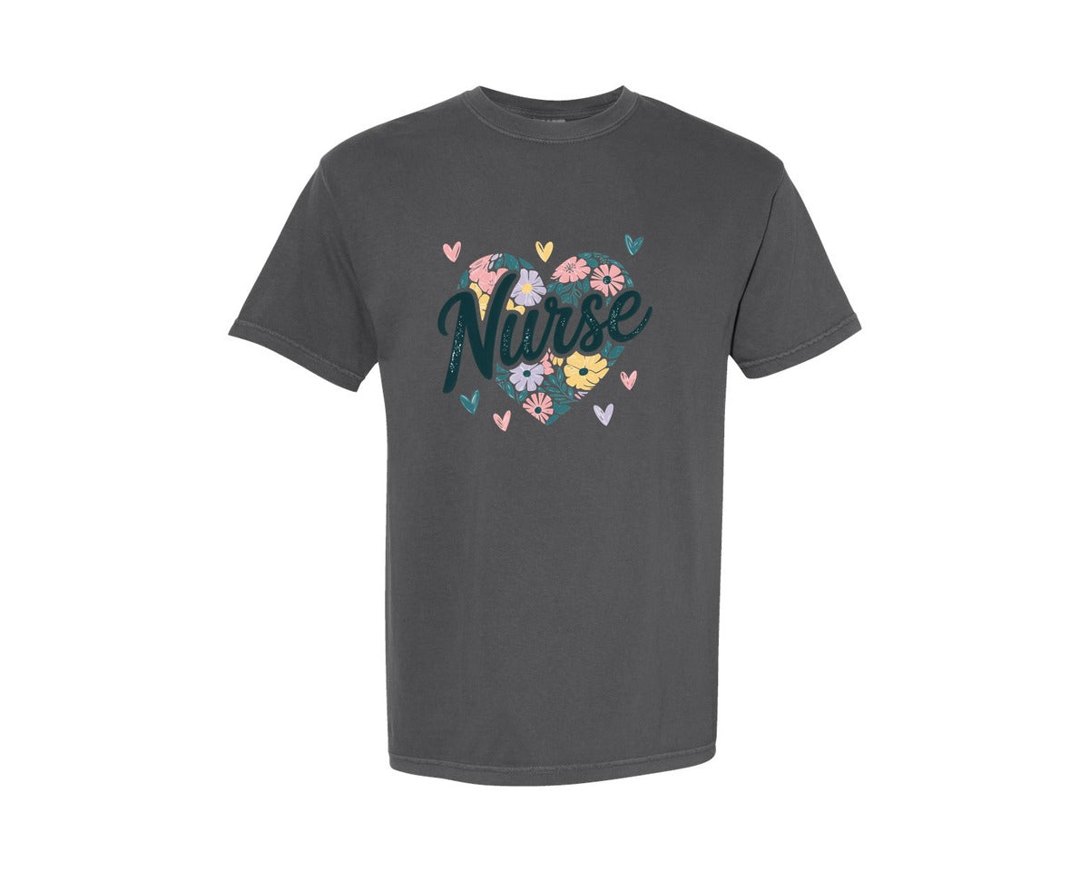 brand:Comfort Colors|color:Pepper|Retro Nurse Floral Heart Graphic T-Shirt