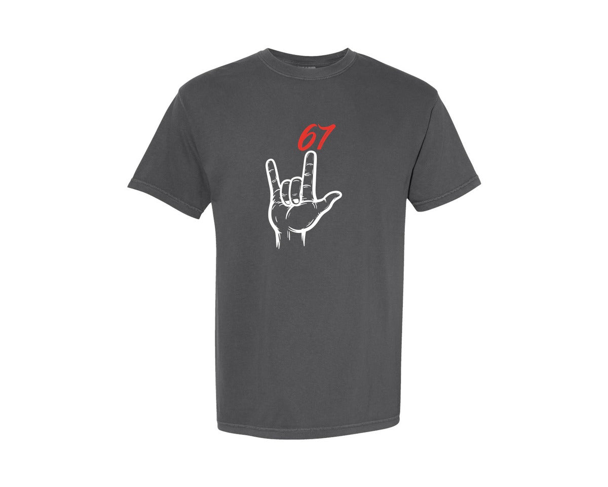 brand:Comfort Colors|color:Pepper|Hand Sign I Love You Funny 67 Meme Graphic T-Shirt