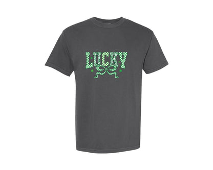brand:Comfort Colors|color:Pepper|Retro Checkered Lucky St Patricks Day C Graphic T-Shirt