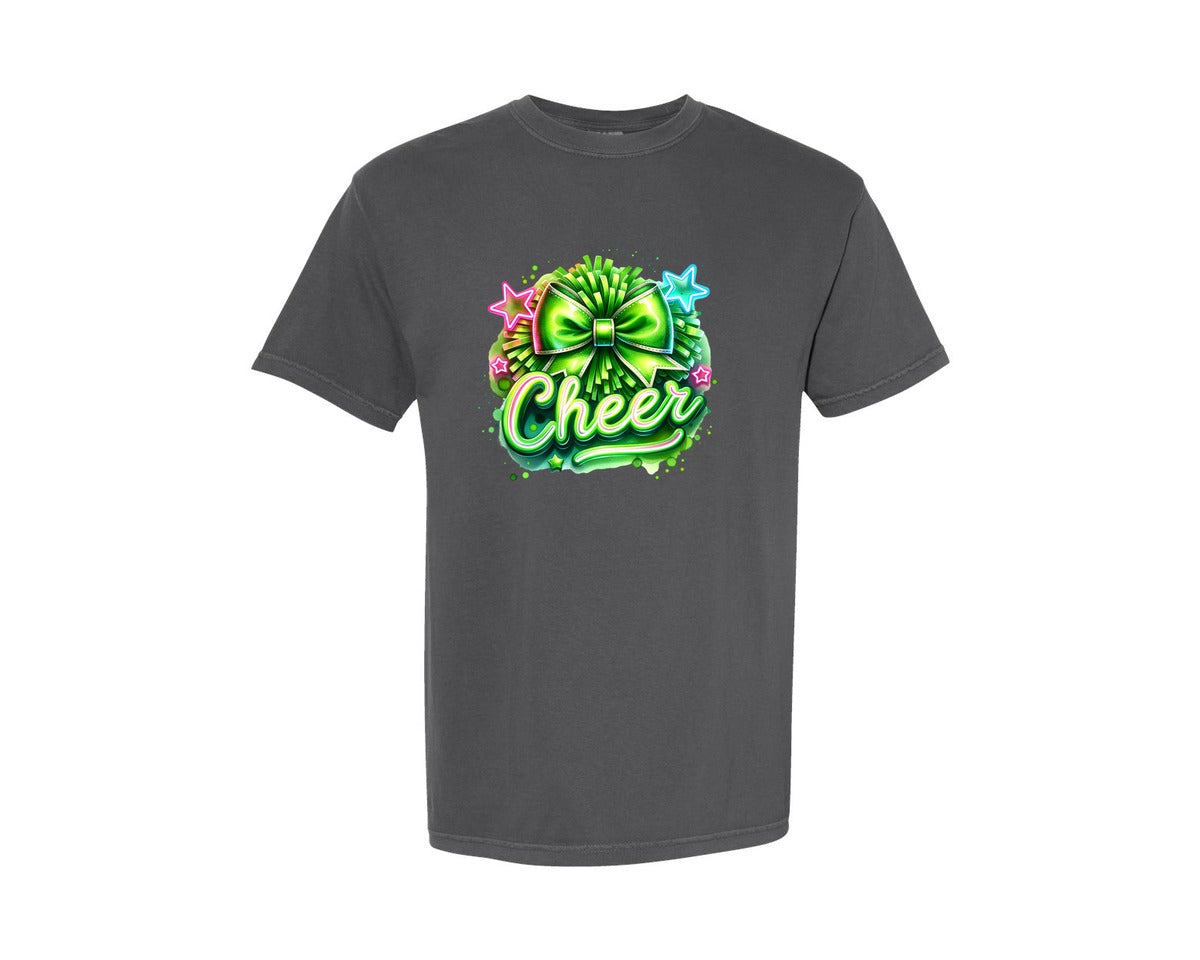 brand:Comfort Colors|color:Pepper|Neon Green Cheer Coquette Bow Graphic T-Shirt