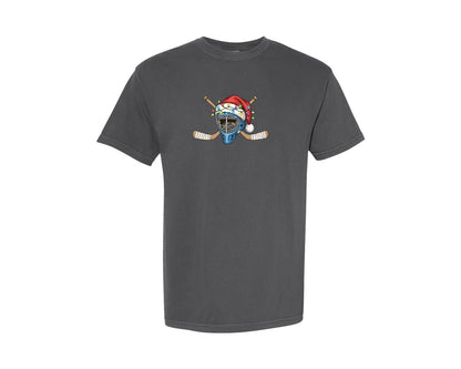 brand:Comfort Colors|color:Pepper|Christmas Hockey Goalie Mask Graphic T-Shirt