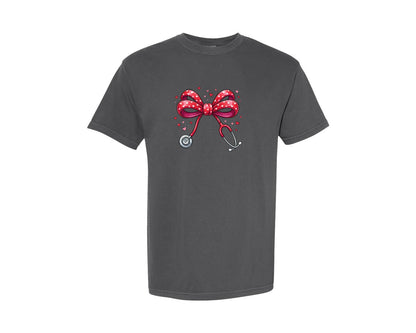brand:Comfort Colors|color:Pepper|Nurse Valentine Stethoscope Coquette Bow Graphic T-Shirt