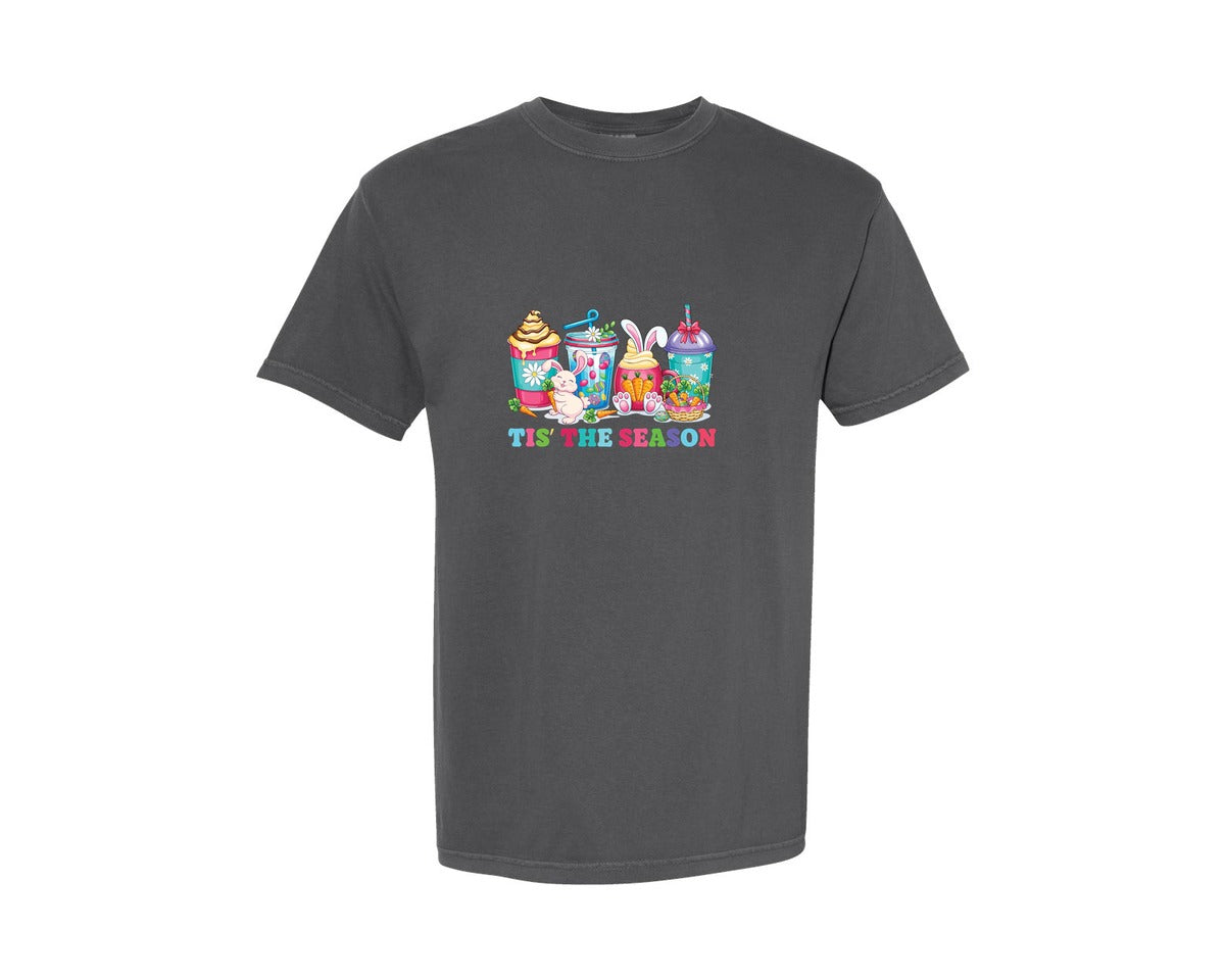 brand:Comfort Colors|color:Pepper|Cute Bunny Drinks Easter Tis The Season Graphic T-Shirt