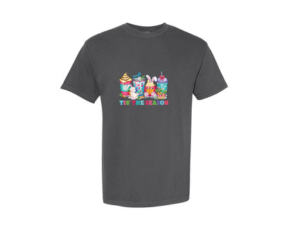 brand:Comfort Colors|color:Pepper|Cute Bunny Drinks Easter Tis The Season Graphic T-Shirt