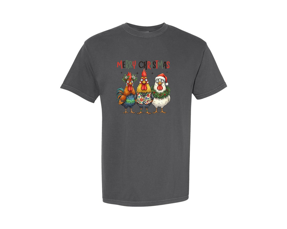 brand:Comfort Colors|color:Pepper|Merry Christmas Funny Roosters Graphic T-Shirt