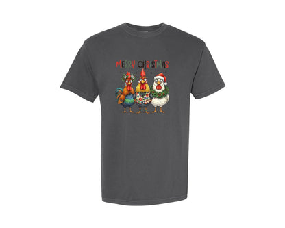 brand:Comfort Colors|color:Pepper|Merry Christmas Funny Roosters Graphic T-Shirt