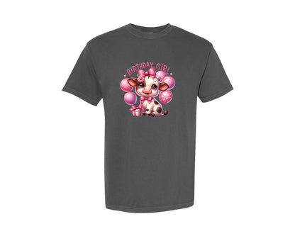 brand:Comfort Colors|color:Pepper|Baby Cow Birthday Girl Graphic T-Shirt