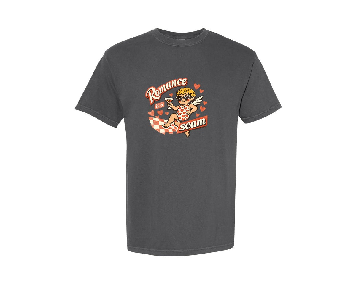 brand:Comfort Colors|color:Pepper|Romance Is A Scam Anti Valentines Graphic T-Shirt
