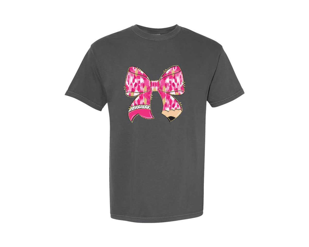 brand:Comfort Colors|color:Pepper|Valentine Teacher Pencil Bow Graphic T-Shirt