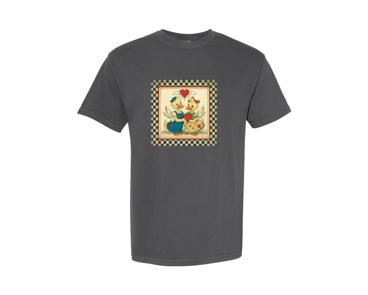 brand:Comfort Colors|color:Pepper|Vintage Duck Couple Folk Art Heart Graphic T-Shirt