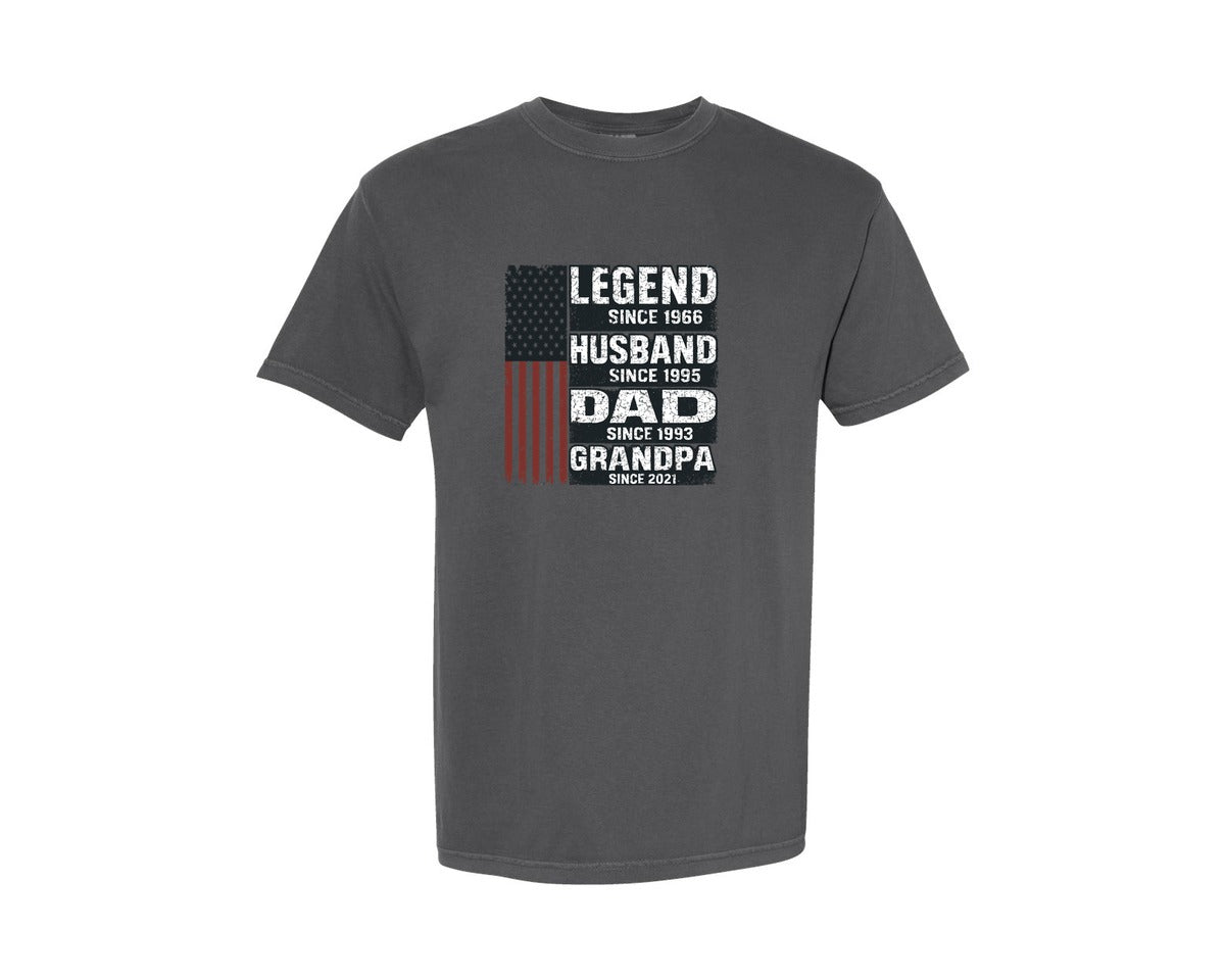 brand:Comfort Colors|color:Pepper|Legend Husband Dad Grandpa Flag Graphic T-Shirt