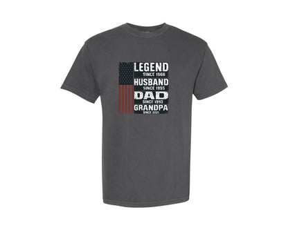 brand:Comfort Colors|color:Pepper|Legend Husband Dad Grandpa Flag Graphic T-Shirt