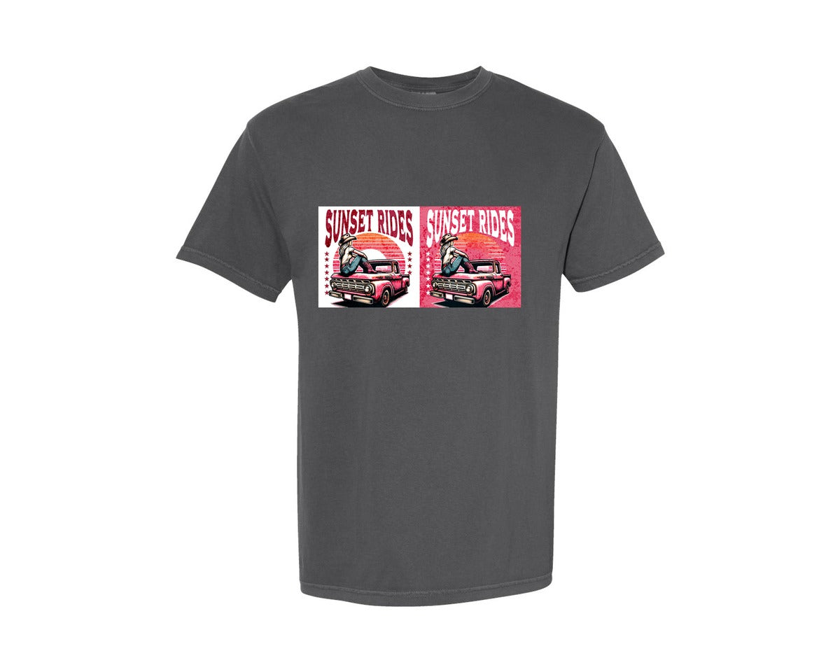 brand:Comfort Colors|color:Pepper|Sunset Rides Cowgirl Vintage Truck Graphic T-Shirt