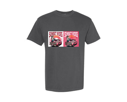 brand:Comfort Colors|color:Pepper|Sunset Rides Cowgirl Vintage Truck Graphic T-Shirt