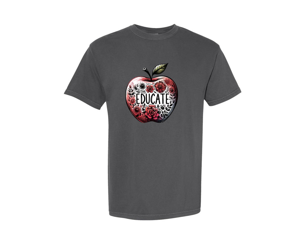 brand:Comfort Colors|color:Pepper|Retro Teacher Educate Floral Apple Graphic T-Shirt