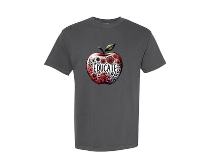 brand:Comfort Colors|color:Pepper|Retro Teacher Educate Floral Apple Graphic T-Shirt