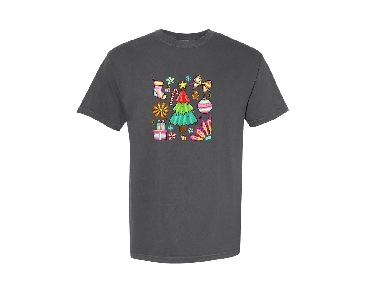 brand:Comfort Colors|color:Pepper|Preppy Boho Christmas Tree Coquette Graphic T-Shirt