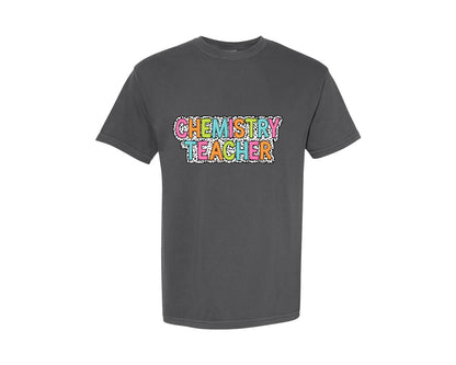 brand:Comfort Colors|color:Pepper|Chemistry Teacher Dalmatian Dots Graphic T-Shirt