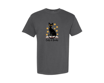 brand:Comfort Colors|color:Pepper|Cats And Books Book Lover T Shirt Graphic T-Shirt