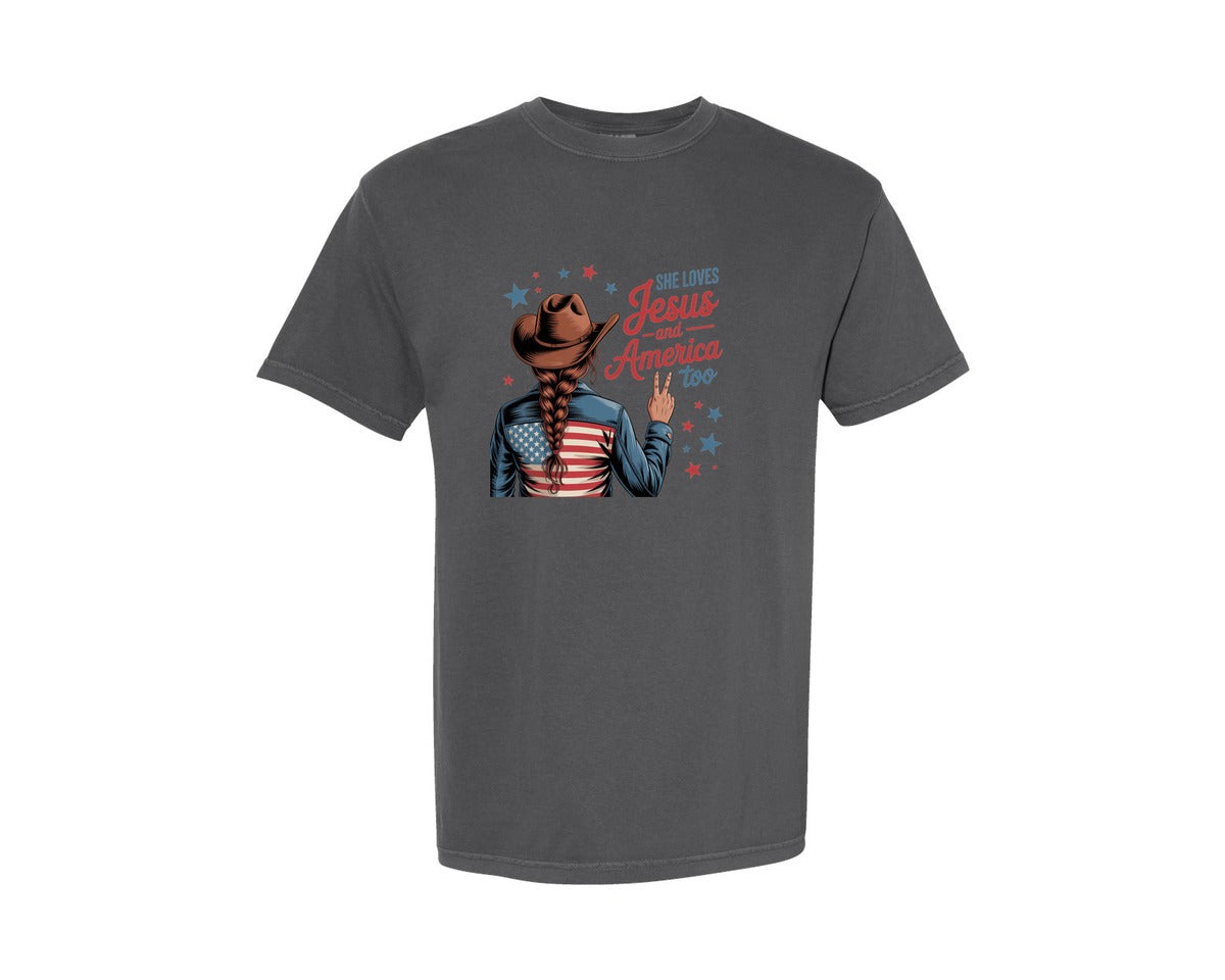 brand:Comfort Colors|color:Pepper|She Loves Jesus America Too 4 Graphic T-Shirt