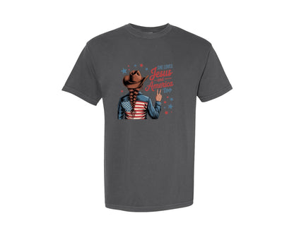brand:Comfort Colors|color:Pepper|She Loves Jesus America Too 4 Graphic T-Shirt