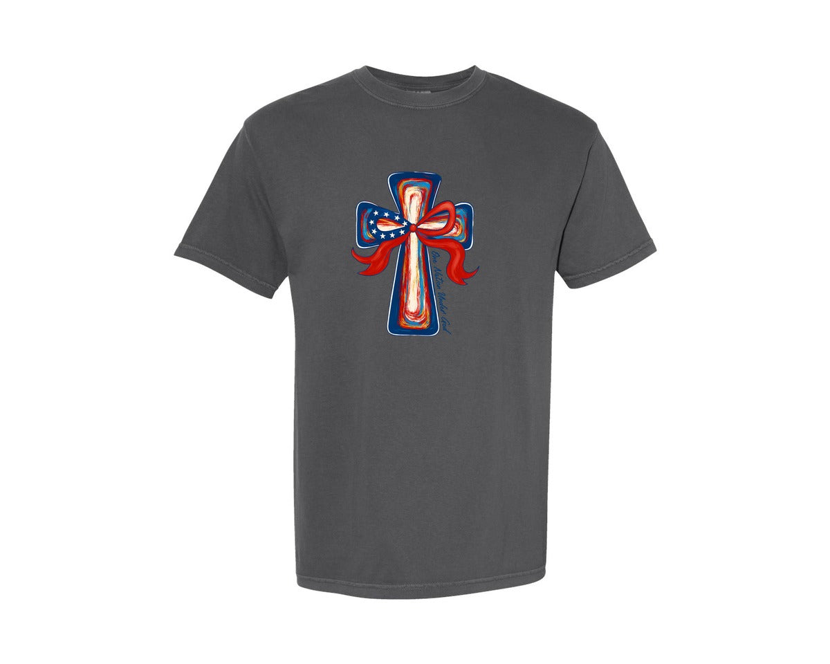 brand:Comfort Colors|color:Pepper|One Nation Under God Cross Flag Graphic T-Shirt