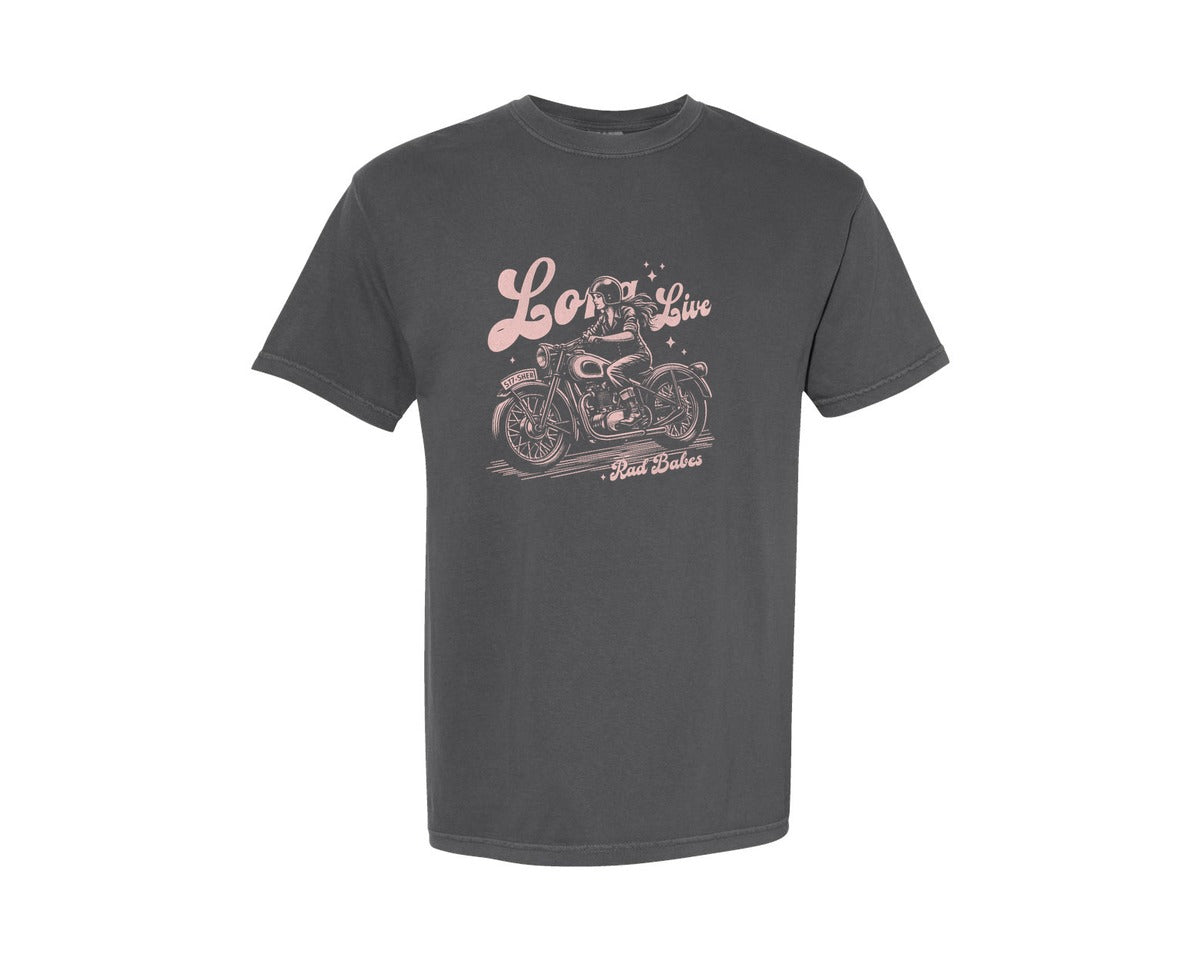 brand:Comfort Colors|color:Pepper|Long Live Rad Babes Woman Motorbike Graphic T-Shirt