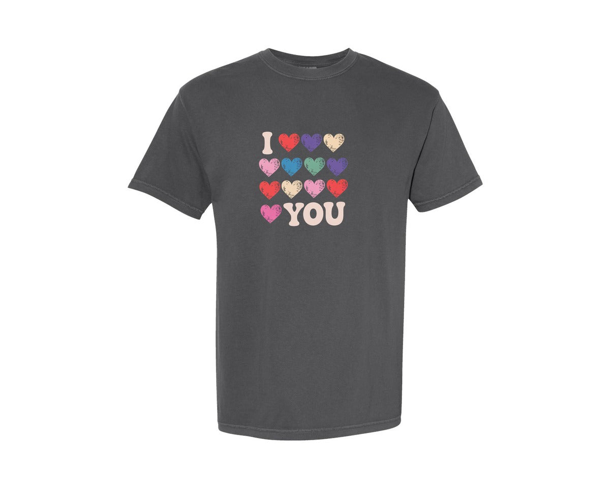 brand:Comfort Colors|color:Pepper|I Love You Rainbow Heart Pattern Graphic T-Shirt