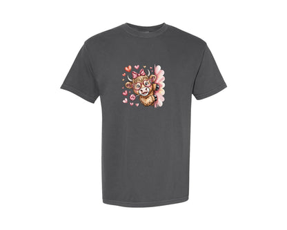 brand:Comfort Colors|color:Pepper|Valentines Day Highland Cow Hearts Graphic T-Shirt