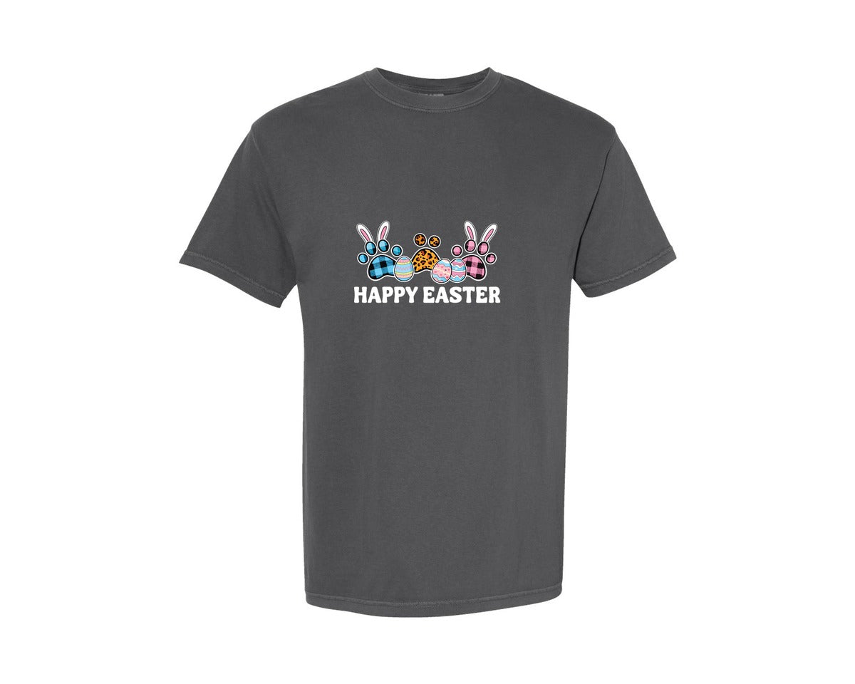 brand:Comfort Colors|color:Pepper|Buffalo Plaid Leopard Paw Happy Easter Graphic T-Shirt