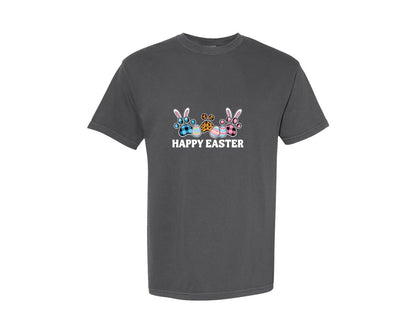 brand:Comfort Colors|color:Pepper|Buffalo Plaid Leopard Paw Happy Easter Graphic T-Shirt