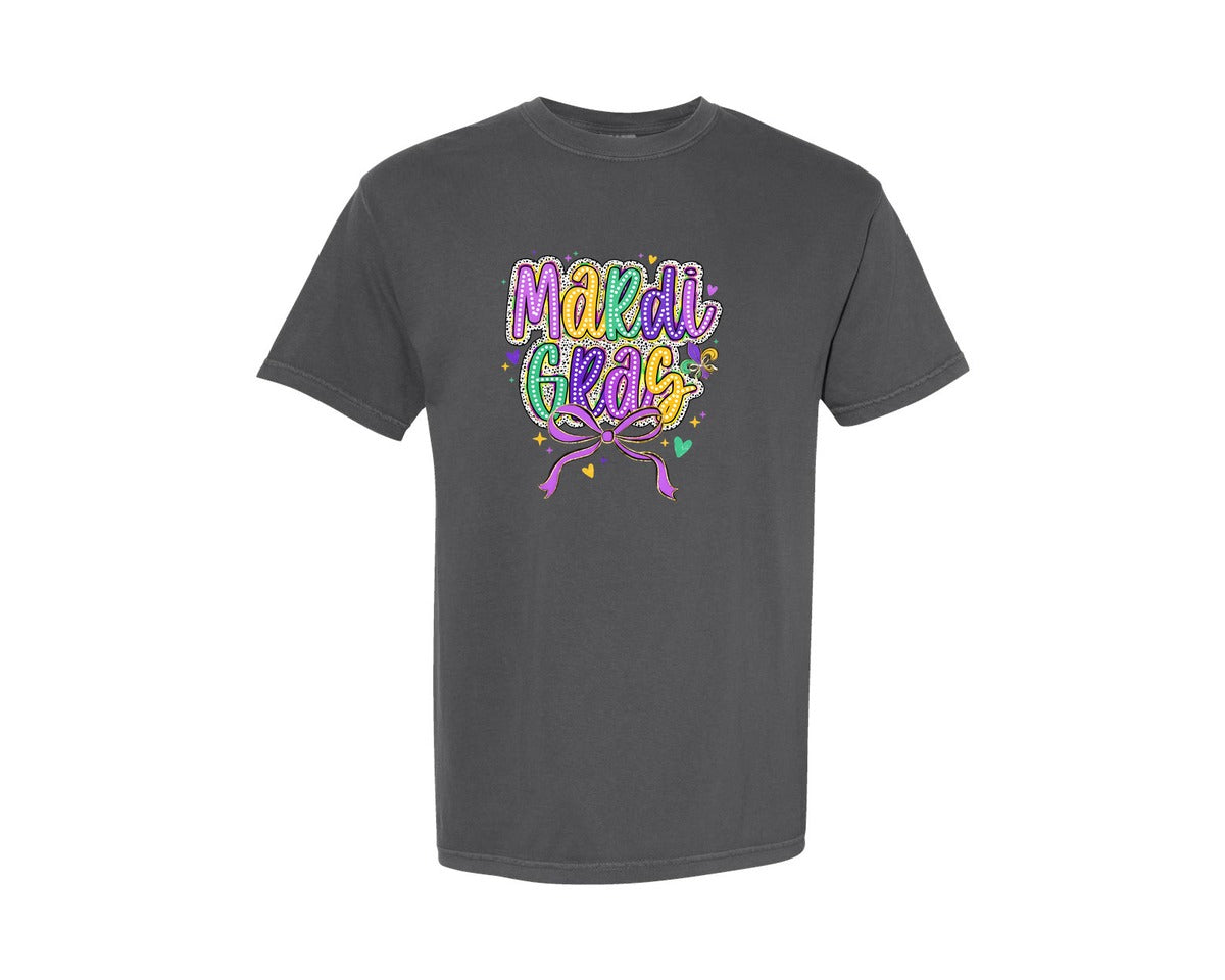 brand:Comfort Colors|color:Pepper|Mardi Gras Polka Lettering Bow Graphic T-Shirt