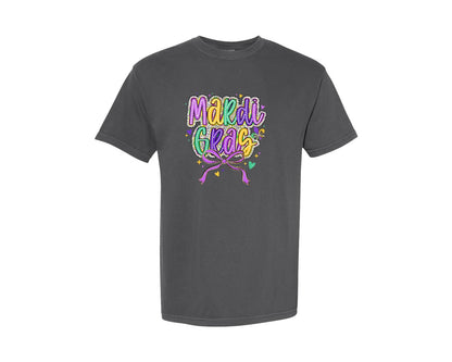 brand:Comfort Colors|color:Pepper|Mardi Gras Polka Lettering Bow Graphic T-Shirt