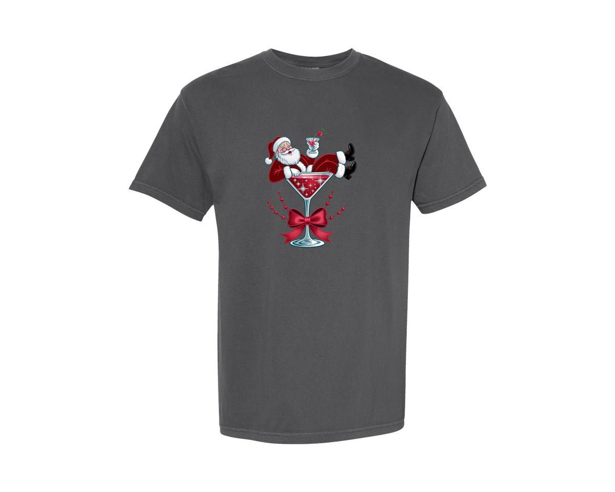 brand:Comfort Colors|color:Pepper|Yarn Santa In Martini Glass Graphic T-Shirt