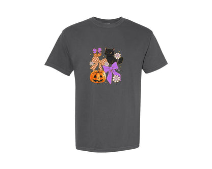 brand:Comfort Colors|color:Pepper|Blakck Cat Halloween Coquette Graphic T-Shirt