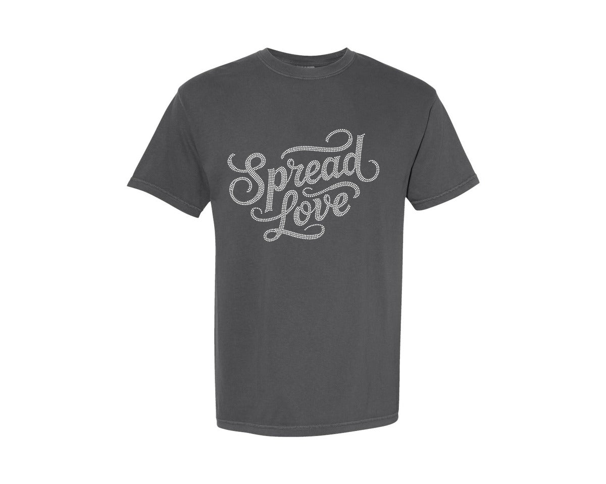 brand:Comfort Colors|color:Pepper|Spread Love Rhinestone Cursive Graphic T-Shirt