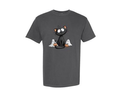 brand:Comfort Colors|color:Pepper|Halloween Ghost And Cat 20 Graphic T-Shirt