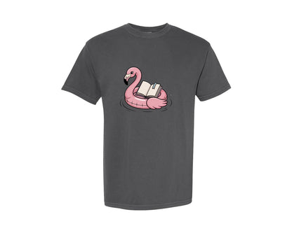 brand:Comfort Colors|color:Pepper|Cute Book Lover Floating Flamingo Graphic T-Shirt