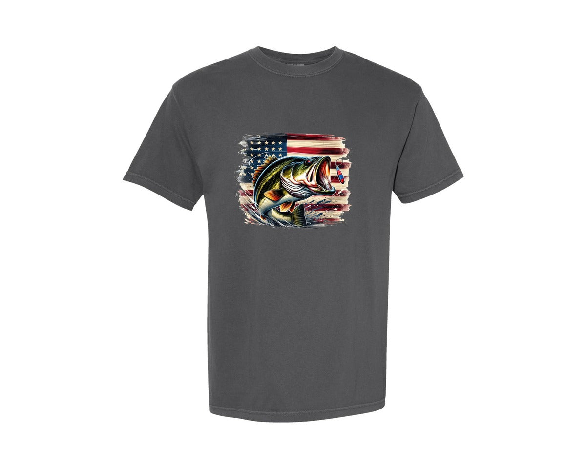 brand:Comfort Colors|color:Pepper|Usa Patriotic Bass Fishing American Graphic T-Shirt