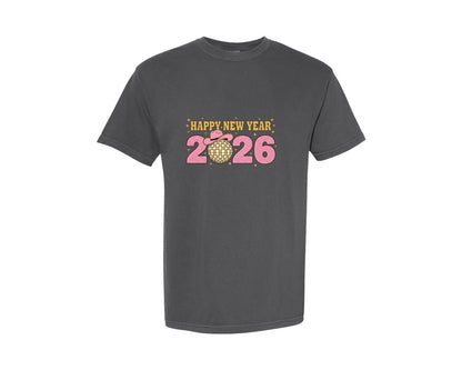 brand:Comfort Colors|color:Pepper|Happy New Year 2026 New Year Disco Ball Graphic T-Shirt