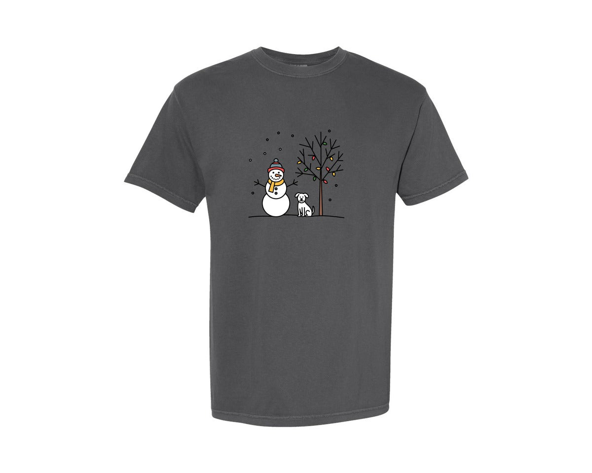 brand:Comfort Colors|color:Pepper|Snowman Dog Winter Scene Graphic T-Shirt